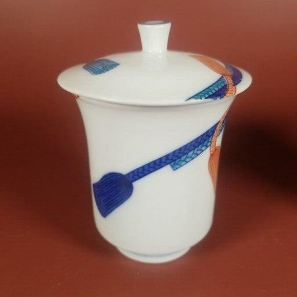 Japanese Tea Cup Mugs With Lids, Tassel Print Blue And Orange Two Sizes Lot of 2 - Picture 2 of 11